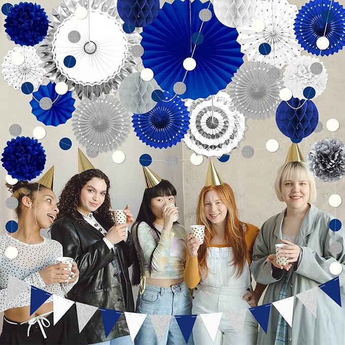 Blue and Sliver Party Decorations, Pom Poms Flowers Packs - Image 6