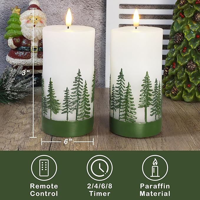 Silverstro Holiday Flameless Candles Green Hand Drawn Christmas Tree Design - Image 7