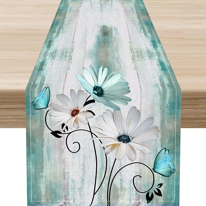 Daisy Floral Table Runner, Farmhouse Spring Seasonal Summer Teal Green White by Unknown