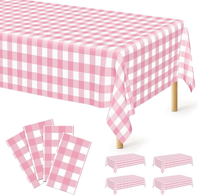 4Pack Pink Table Cloth, Waterproof Picnic Table Cover Checkered Rectangle by QZYL