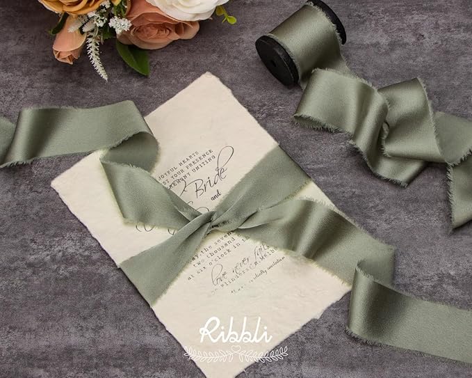 Ribbli Dusty Sage Green Silk Satin Ribbon 1.5 Inch x 12 Yard Handmade Frayed - Image 3