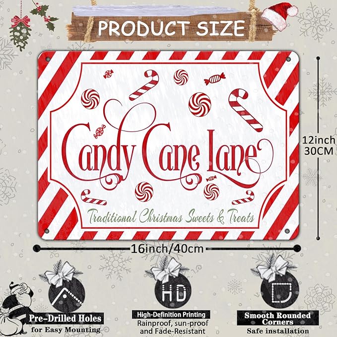 Christmas Candy Cane Lane Metal Tin Sign Traditional Christmas Sweets and - Image 2