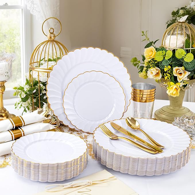 YOUBET 350PCS Gold Scalloped Plastic Plates - Image 5