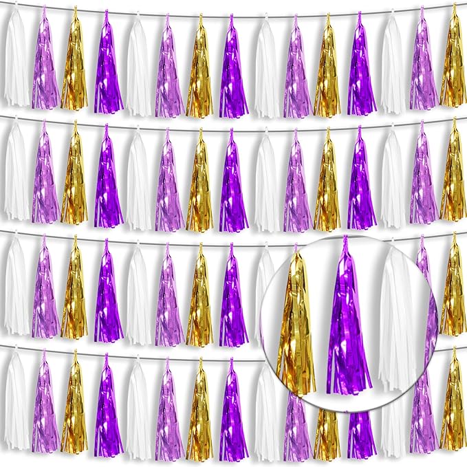 4P Purple-Gold Foil Fringe Tassel Banner Garland Metallic Tinsel Streamers Wall by Xuuf