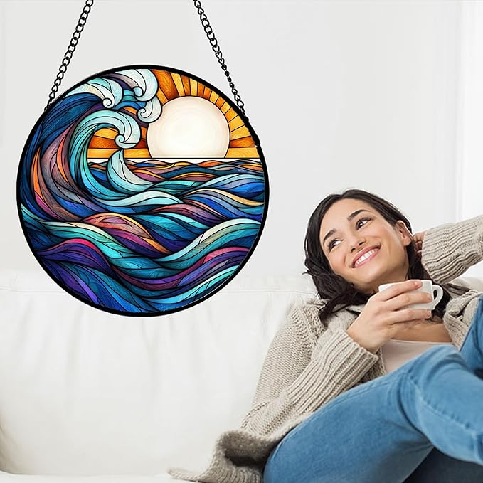 Stained Glass Window Hanging, Big Wave Sun Suncatcher Diamond Glass Panel - Image 2