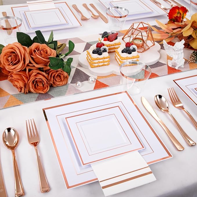 Festiva 350Pcs Rose Gold Plates and Napkins Party Supplies-Square White and - Image 6