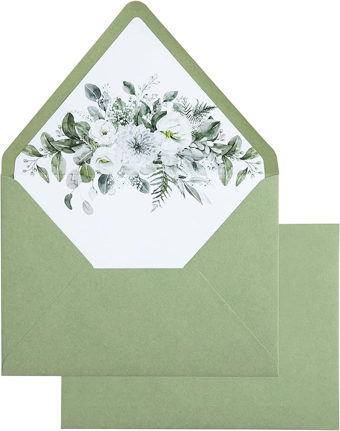 PONATIA 50PCS A7 Euro Flap Envelopes, 5.25 x 7.25'' Sage Green Flowers Liner - Image 9