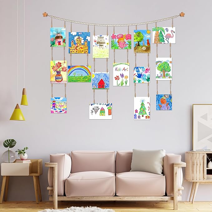 KOLLIEE Kids Artwork Display Art Wall Decor 4.93ft Boho Wooden Beaded Garland - Image 6