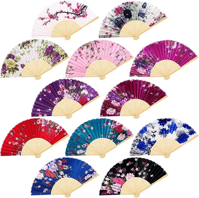 durony 12 Pieces Floral Folding Fans Silk Bamboo Handheld Fans Vintage Handheld by durony
