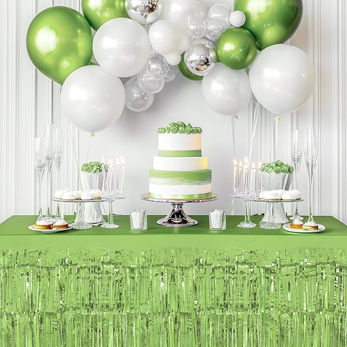2 Pack Light Green Table Skirts, 29x108" Metallic Foil Tinsel Fringe Table - Image 5