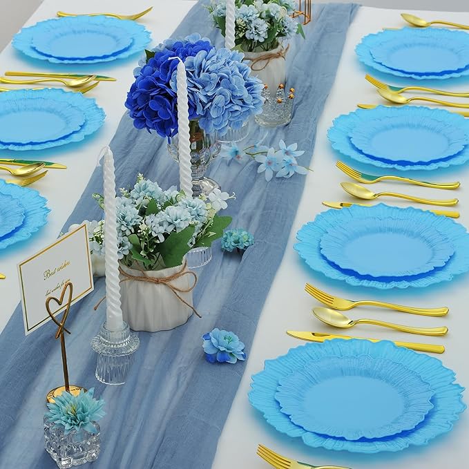 50 Pcs Blue Floral Plastic Plates, Fancy Disposable Plate, Heavy Duty Plastic - Image 6