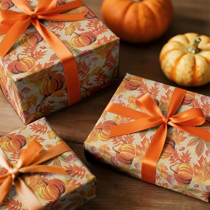 RUSPEPA Fall Wrapping Paper Roll, Mini Roll, Watercolor Pumpkin, Autumn Leaf - Image 3