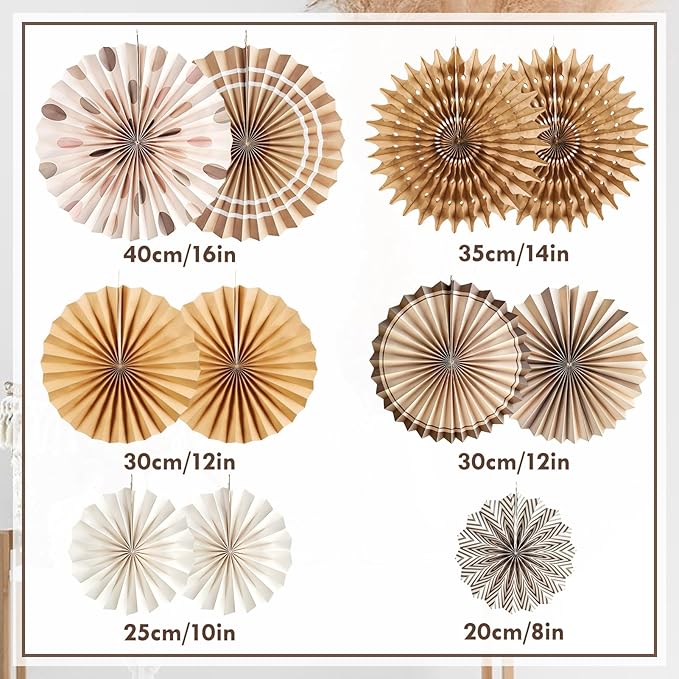 Boho Hanging Paper Fans White Brown Champagne Party Decorations Neutral Rustic - Image 2