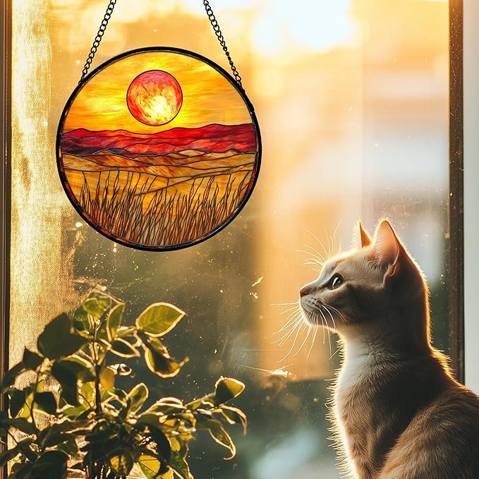 Stained Glass Window Hanging 4 Pcs Set Desert Sunset Theme Landscape 7.8" - Image 4