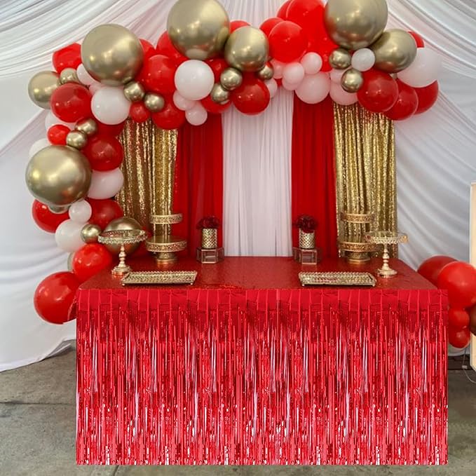 BEISHIDA 2 Pack Red Table Skirts Party Decorations Metallic Tinsel Foil Fringe - Image 6
