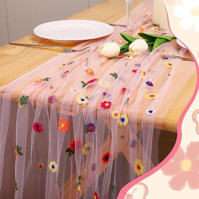 BINBE 1pcs Pink Daisy Fall Table Runner Embroidery Gauze 10FT Florals Seasonal - Image 5