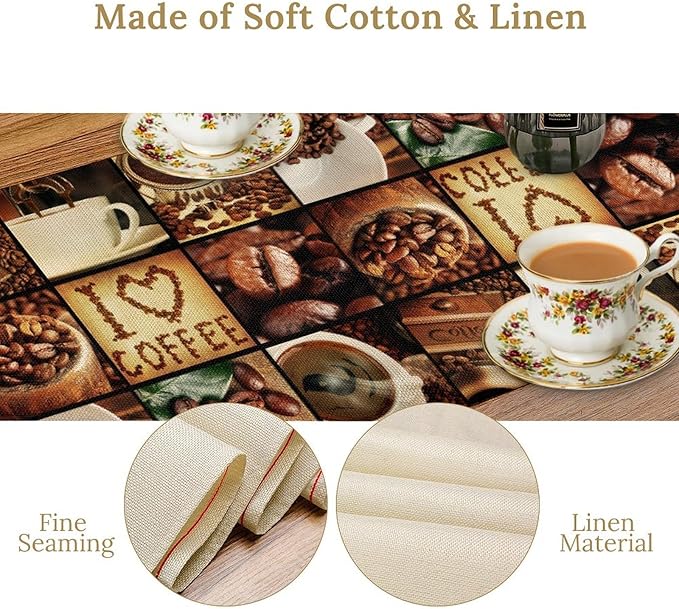 Coffee Theme Table Runner, Retro Farmhouse Coffee Cup Latte Cappuccino Tea - Image 5