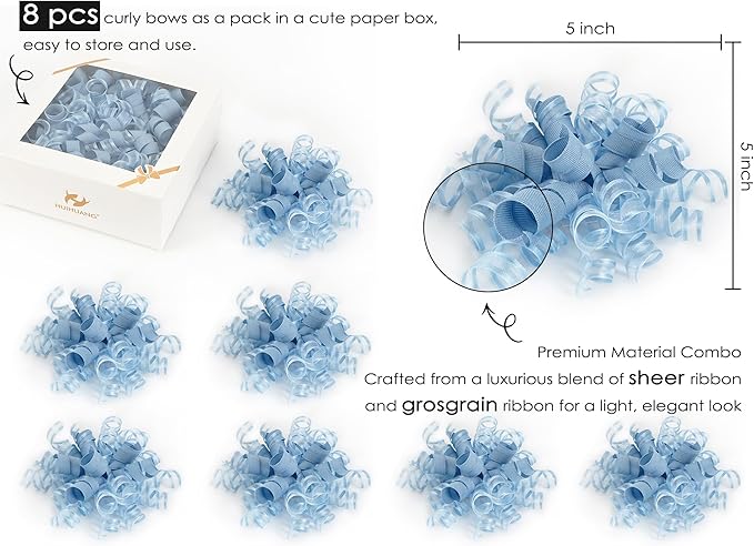 HUIHUANG Blue Gift Bows 5 inch x 8 Counts Dusty Blue Self-Adhesive Curly Ribbon - Image 2