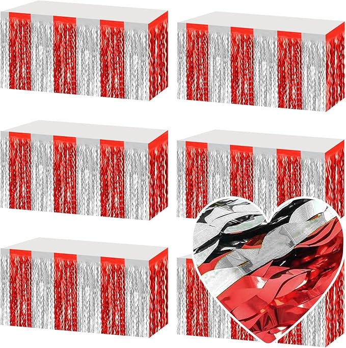 6 Pack 29x108 Inch Red Silver Wave Foil Fringe Table Skirts Metallic Banner by Mebiornt
