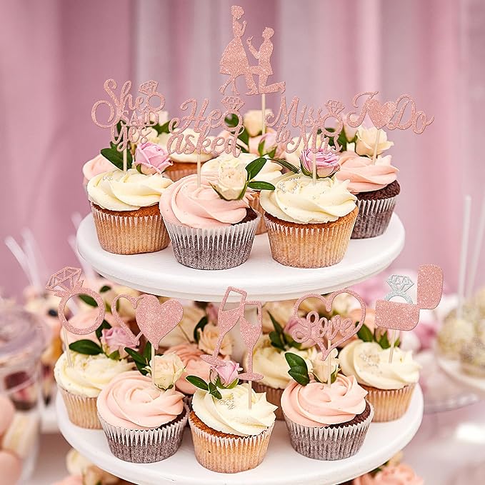 30 PCS He Asked She Said Yes Cupcake Toppers Glitter Wedding Engagement Cupcake - Image 4