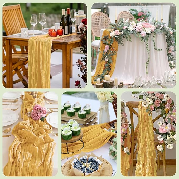 Asee'm 2pcs Cheesecloth Table Runner 120 Inches Long Gold Boho Gauze Cheese - Image 7