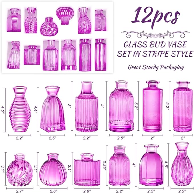 12PCS Hot Pink Vase for Flowers, Small Glass Bud Vases for Centerpieces Purple - Image 2