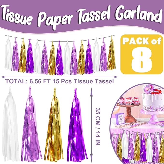 8P Purple-Gold Party Decoration Tassel Garland, Tassels Banner Streamers - Image 2