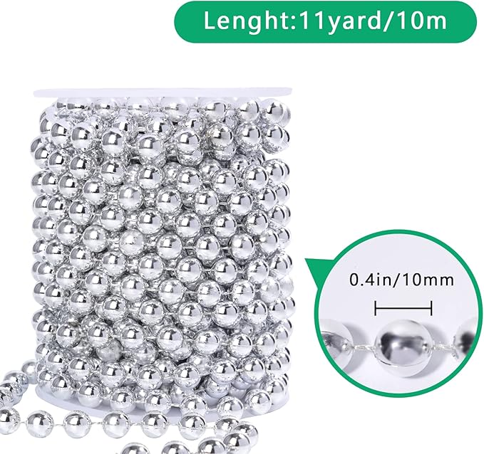 Faux Silver Pearl Beads Garland - 10mm Christmas Tree Beads 11 Yards Silver - Image 2