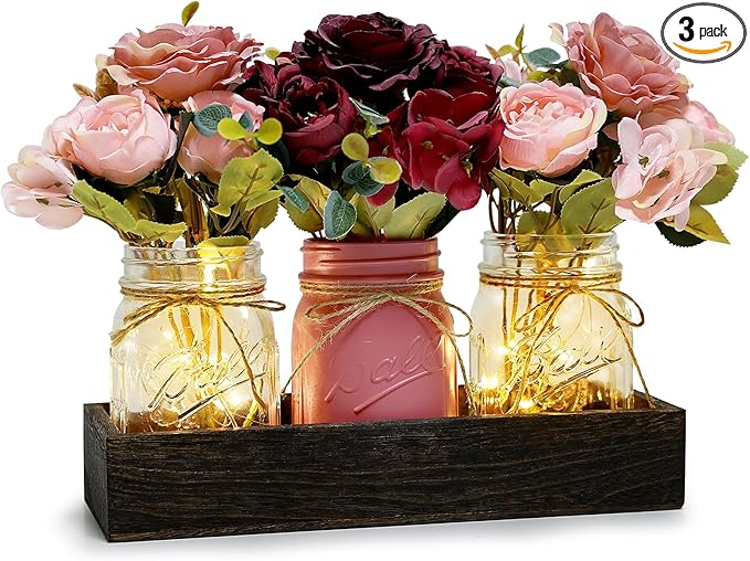 Mason Jar Lights Centerpiece for Table, Mason Jar Centerpiece Decor for Dining by Nagobi