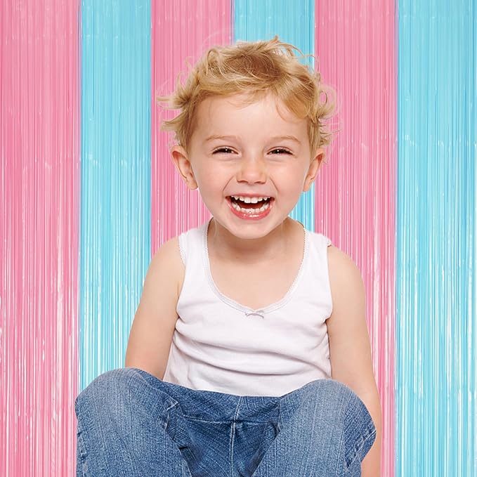 2 Pack Pastel Blue and Pink Foil Fringe Backdrop Curtains, Tinsel Streamers - Image 6