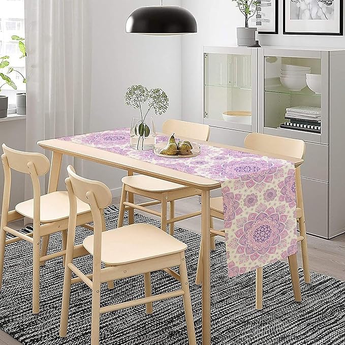 Purple Pink Mandala Table Runner, Traditional Indian Boho Mandala Flowers Print - Image 3