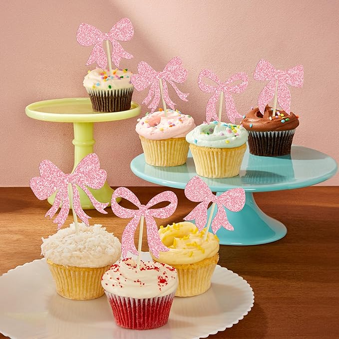 Gyufise 36Pcs Bow Cupcake Toppers Glitter Girls Birthday Decorations Bowknot - Image 7
