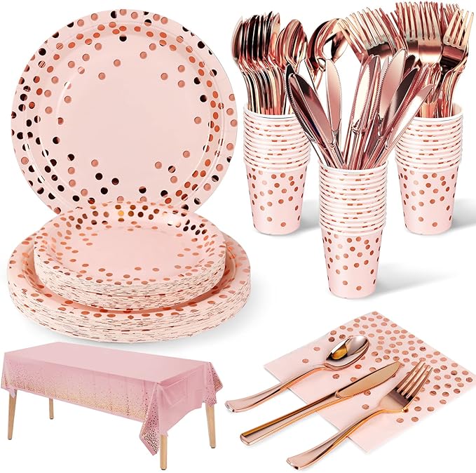 141 Pieces Pink and Rose Gold Party Supplies, Party Dinnerware Sets Include by Nkaiso