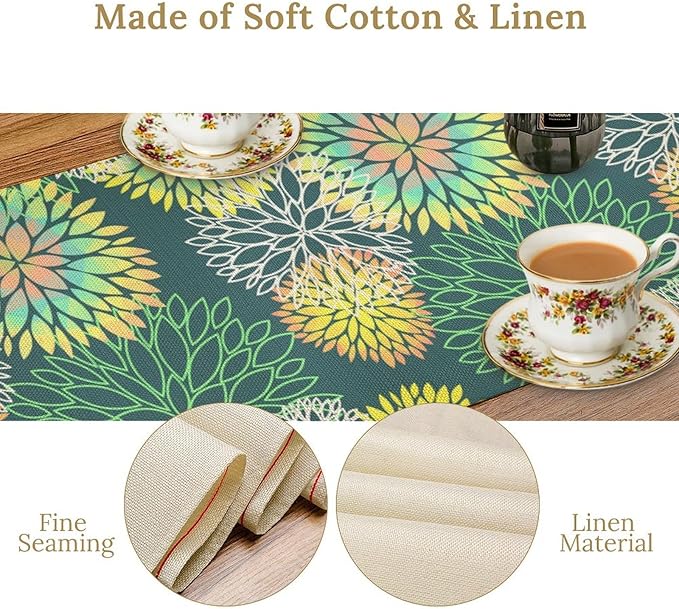 Green Dahlia Flower Table Runner, Linen Geometric Pattern Floral Table Decor - Image 7