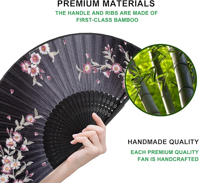 Amajiji 8.27" Hand Held Bamboo Silk Folding Fan Hand Fan, Chinese/Japanese - Image 3