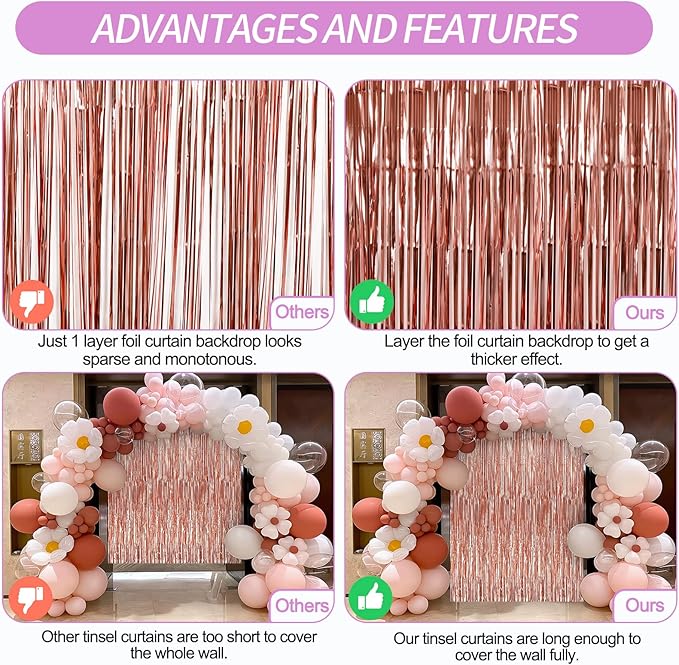 Crosize 4 Pack 3.3 x 9.9 ft Rose Gold Foil Fringe Backdrop Curtain, Streamer - Image 3