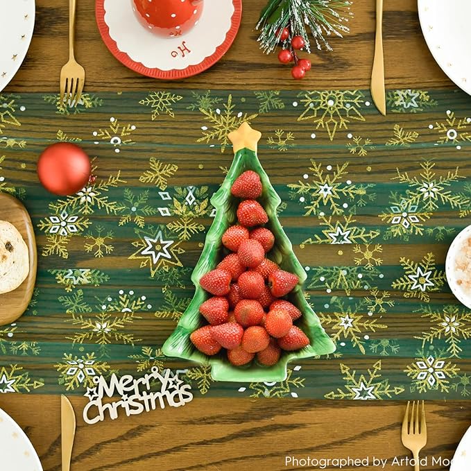 Artoid Mode Green Gold Snowflakes Christmas Gauze Table Runner 120 Inch 10FT - Image 2