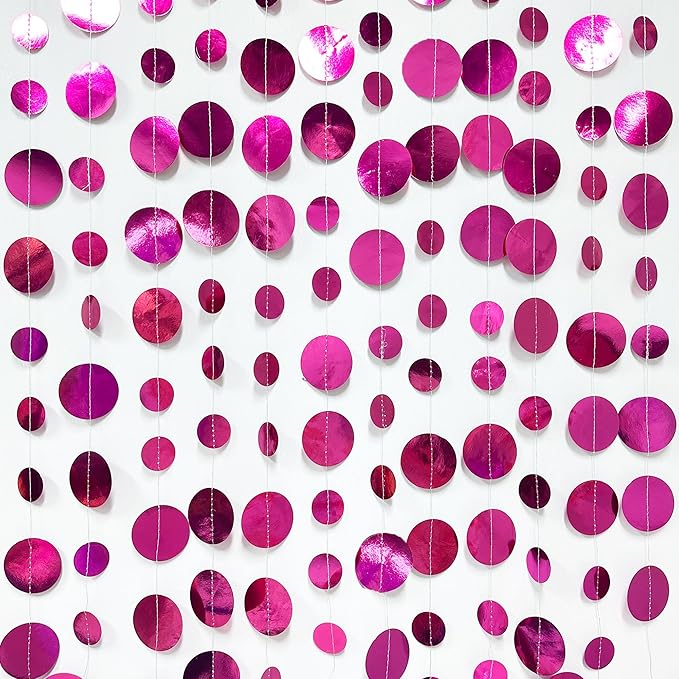 Hot Pink Party Decorations Circle Dots Garland Metallic Rose Pink Hanging Paper - Image 4