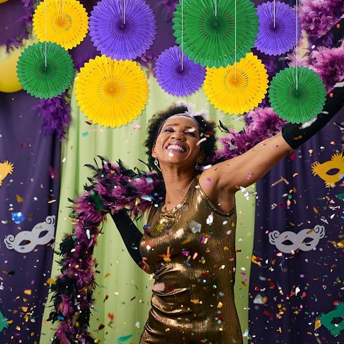 18 Pcs Mardi Gras Hanging Honeycomb Paper Fans, Round Paper Fan Decorations - Image 4