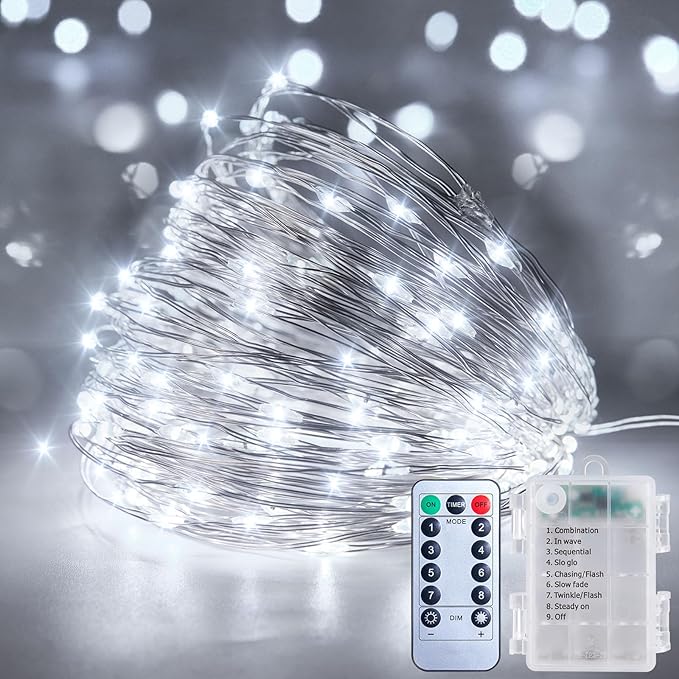 33Ft 100LED Outdoor String Lights, Pure White Fairy Lights Battery Operated - Image 9