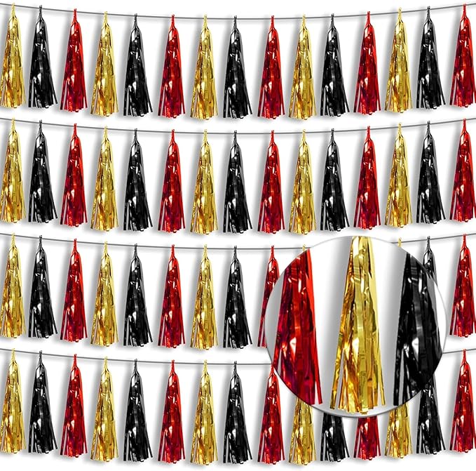 4P Red-Black Gold Foil Fringe Tassel Banner Garland Metallic Tinsel Streamers by Xuuf