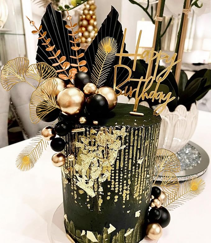 Boho Cake Topper Black Gold Balls Cake Topper Gold Leaves Cake Decorations Prom - Image 7