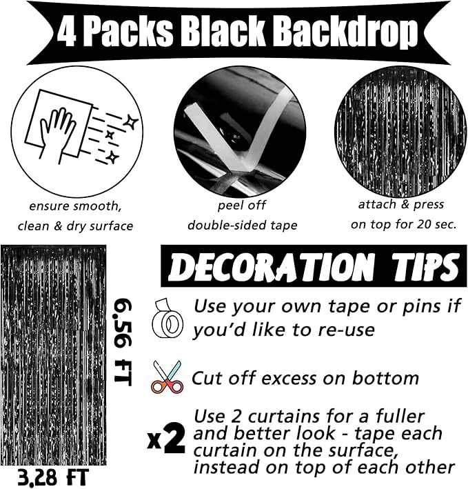4 Pack Black Fringe Curtain Backdrop, 3.2Ft x 6.6Ft Metallic Tinsel Foil Fringe - Image 2