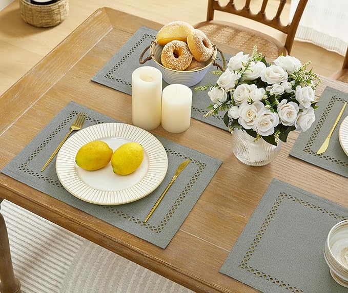 Burlap Placemats Set of 6, 12 x 18 Inch Rustic Geometric Hollow Place Mats - Image 2