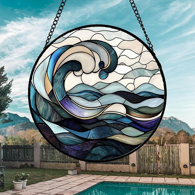 Stained Glass Window Hanging, Ocean Waves Sun Catchers Diamond Glass Panel - Image 3
