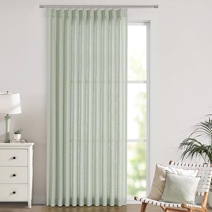 Vision Home Soft Green Pinch Pleated Semi Sheer Curtains Textured Linen Blended by VisionHome
