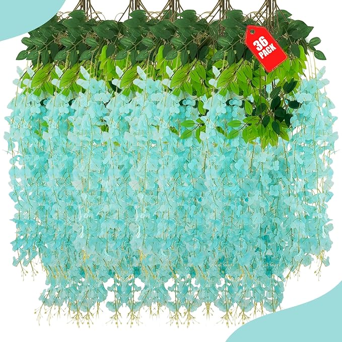 36 Pack Teal Wisteria Hanging Flowers, 3.44 Ft Fake Hanging Flowers, Artificial by ZEBMOON