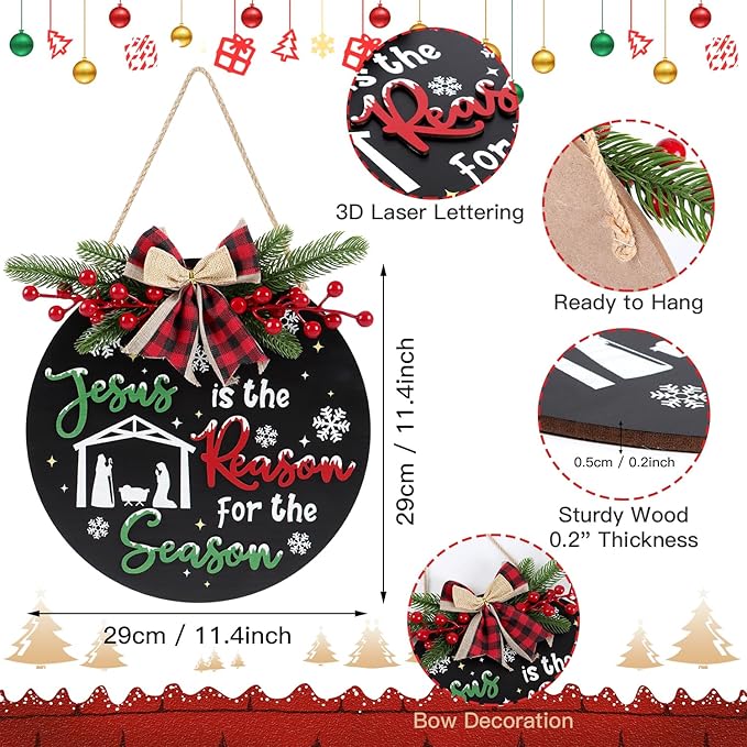 CHDITB Jesus is The Reason for The Season Front Door Sign Wreath, Wooden 3D - Image 2
