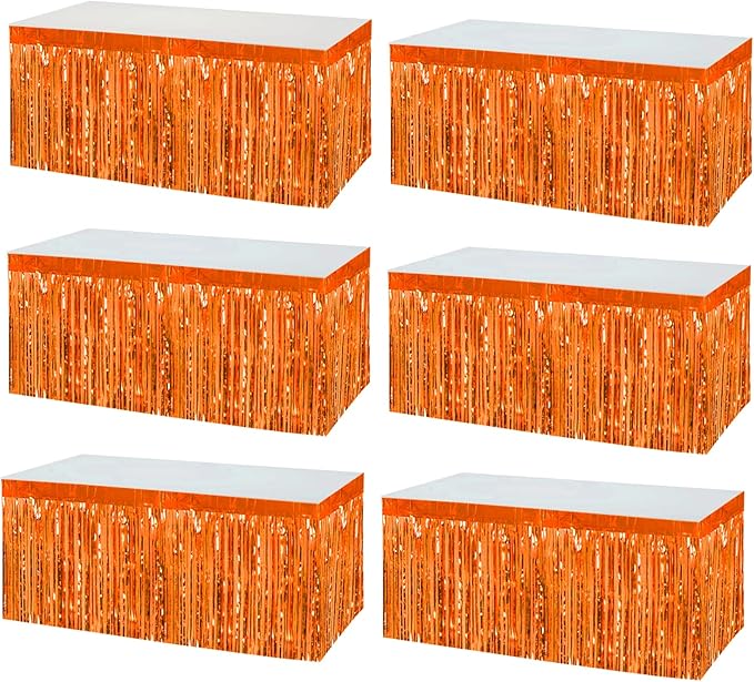 6 Pack 29x108 Inch Orange Metallic Foil Fringe Tinsel Table Skirts Banner by AIKENLIN