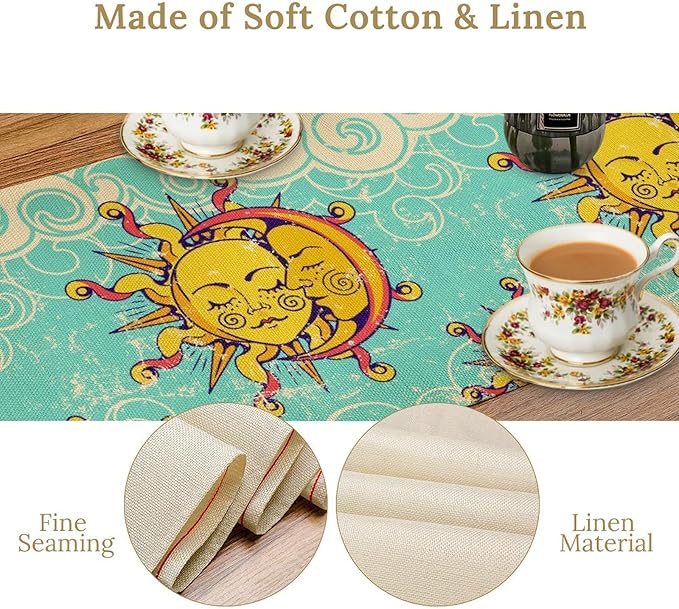 Retro Sun Moon Table Runner, Phase of The Moon Vintage Cloud Table Runner - Image 5